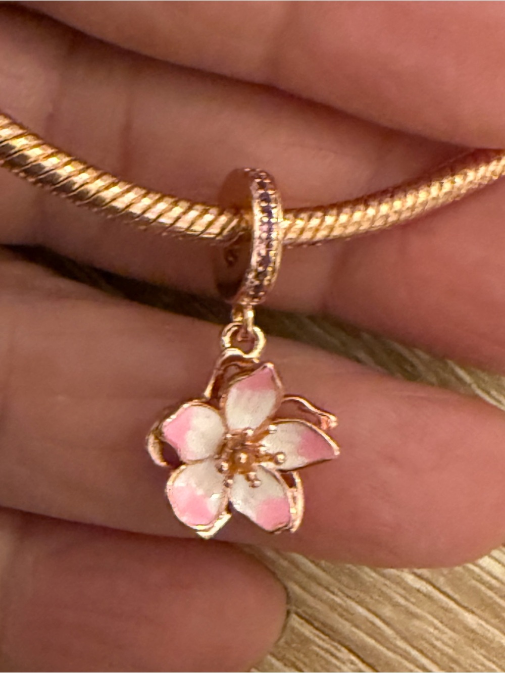 Rose Gold Floral Charm Pendant Necklace with Pink Enamel